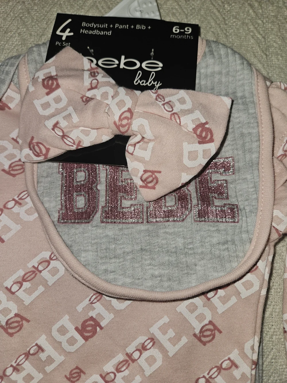 bebe Pink Logo Long-Sleeve Onesie with Gray Ribbed Pants
